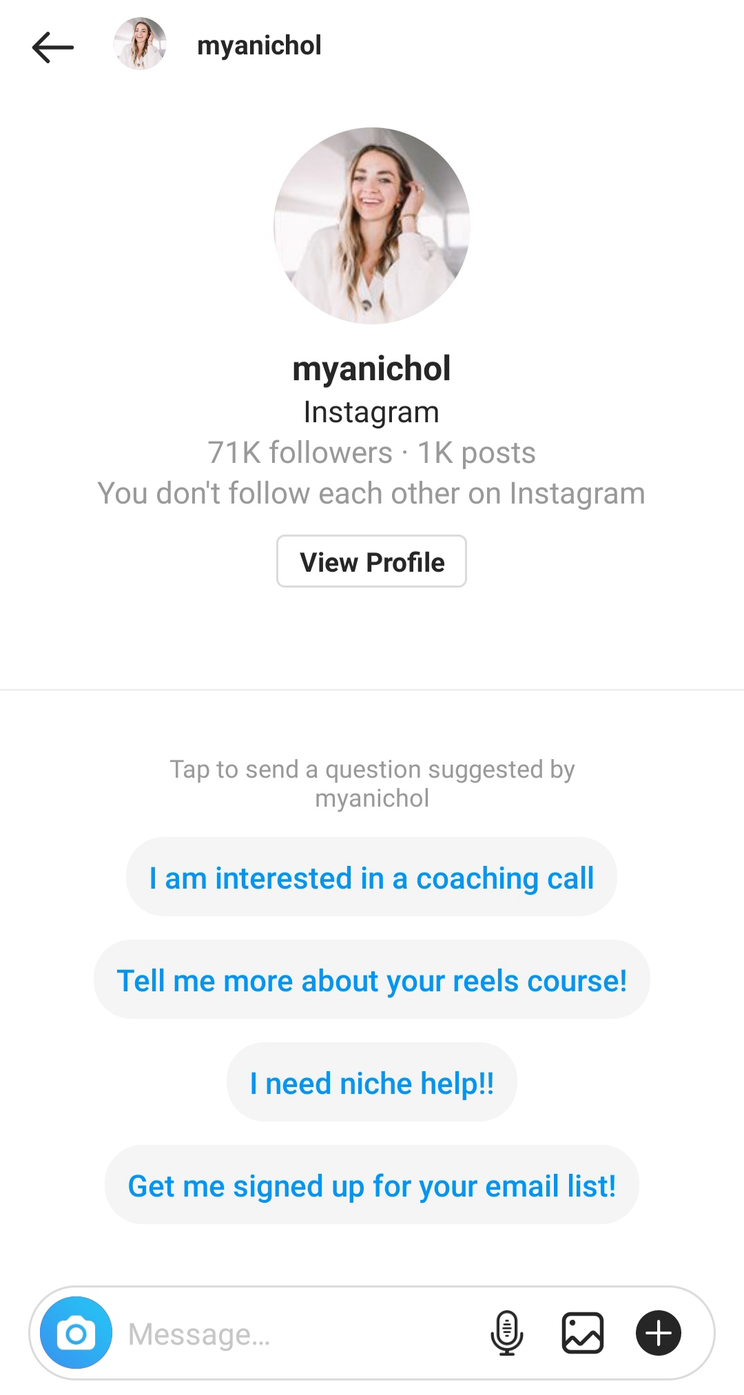 Ejemplo de una automatización de Instagram para la sección de preguntas frecuentes