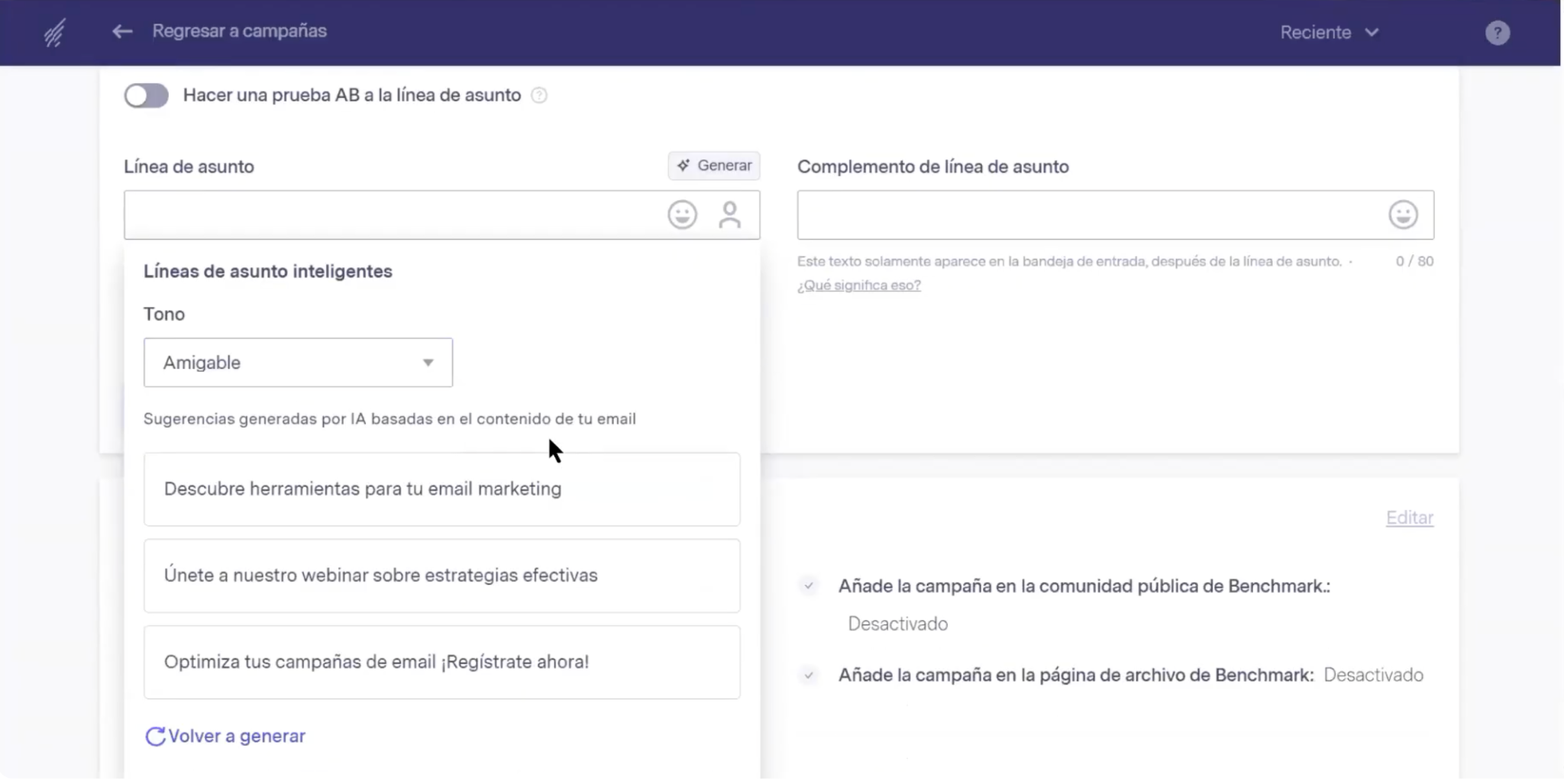 Plataforma Benchmark para crear campañas de correo
