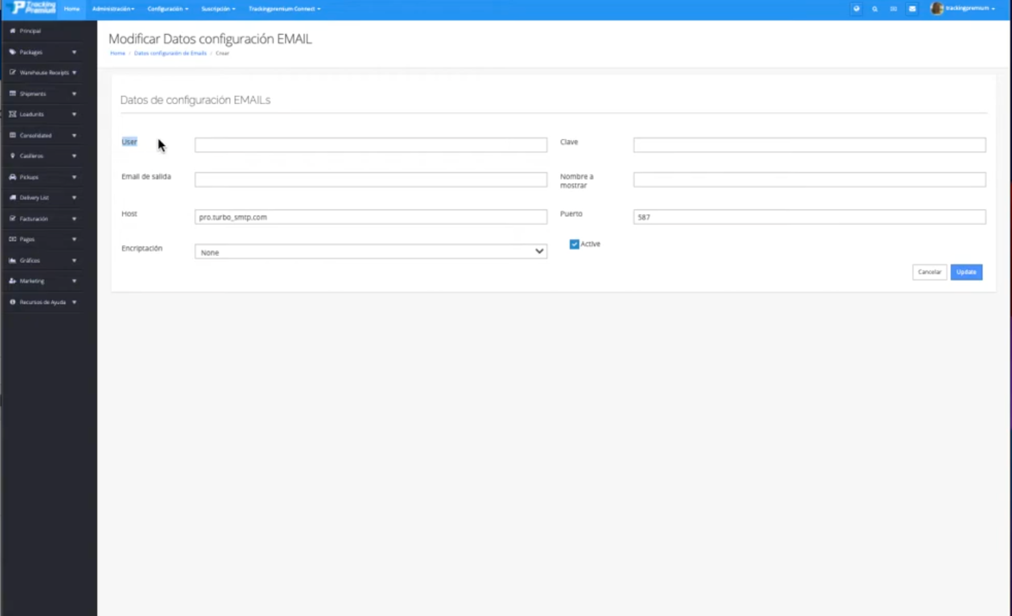 Interfaz de TurboSMTP configurando datos de correos 