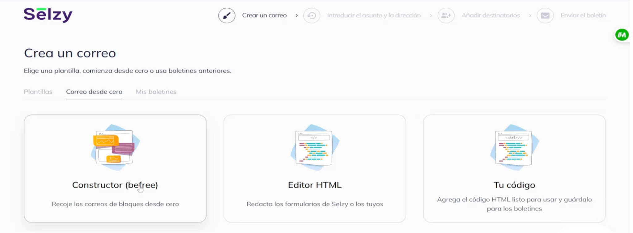 Creación de correo en la plataforma para enviar correos masivos, Selzy