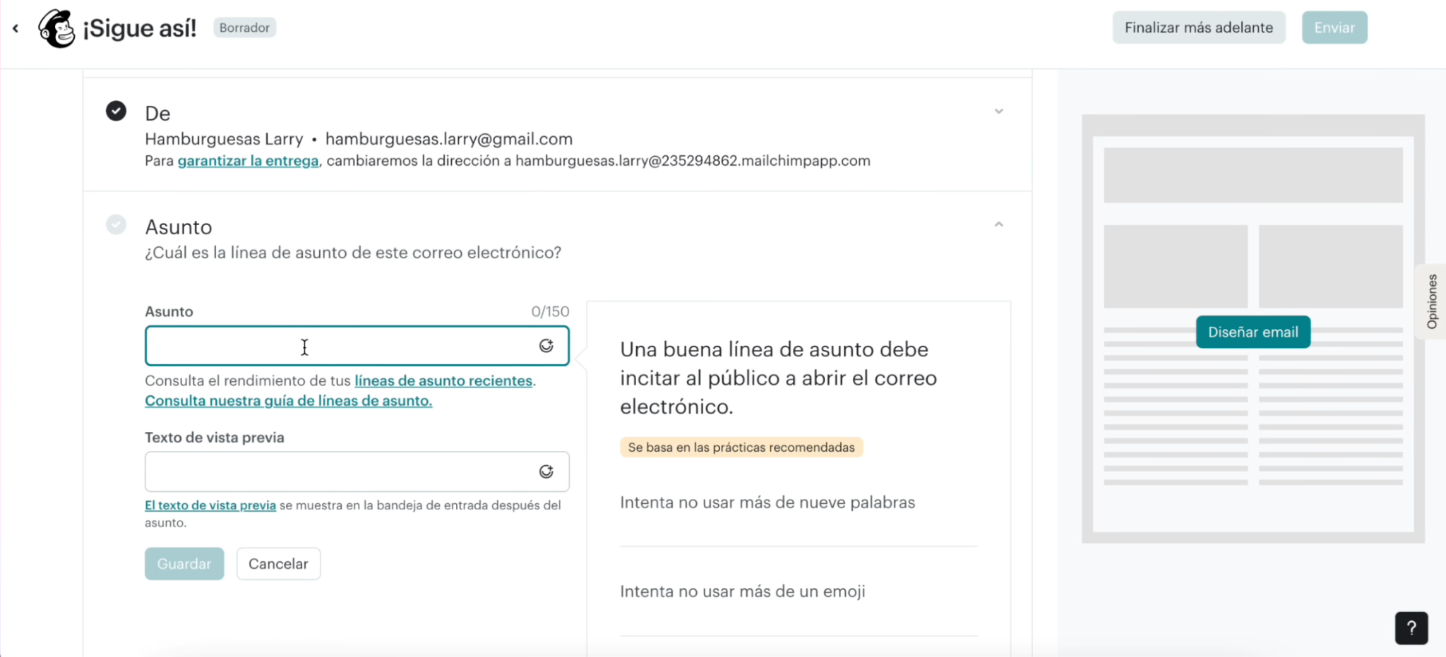 Interfaz de la creación de un correo en Mailchimp, una de las plataformas para enviar correos masivos