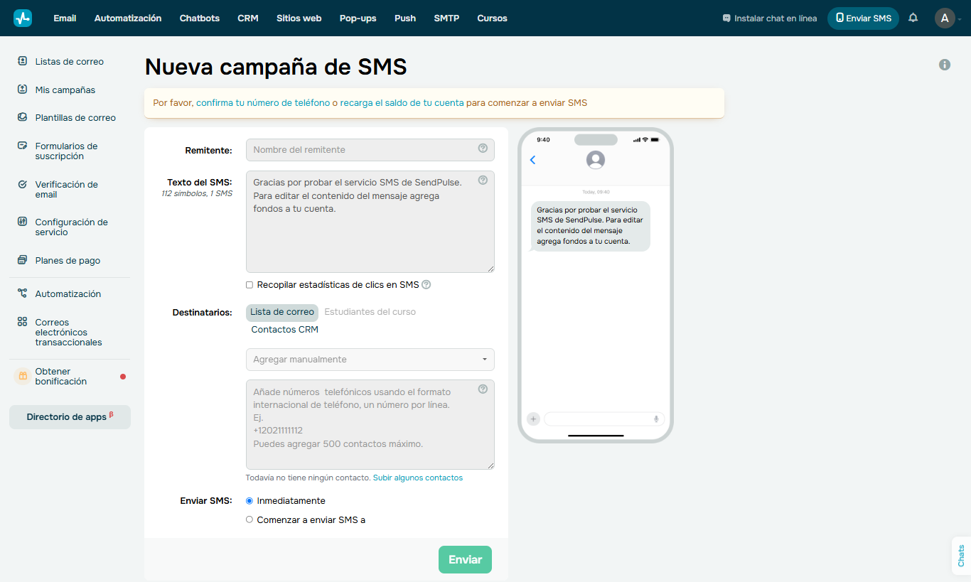 Captura de pantalla de la creación de una campaña para el marketing SMS en SendPulse