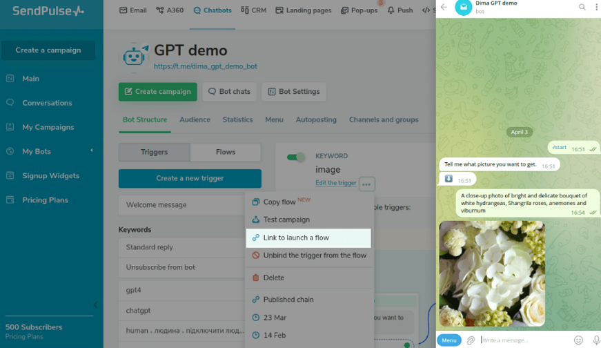 Ejemplo de un chatbot de IA para WhatsApp en la plataforma SendPulse