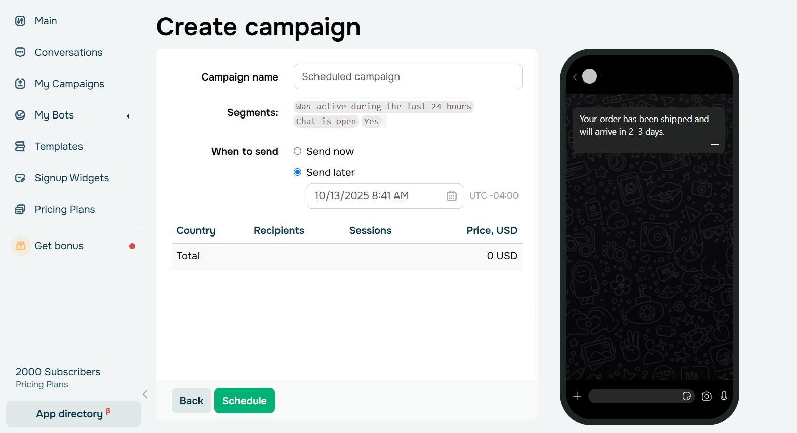 Programmez l'envoi de votre campagne WhatsApp