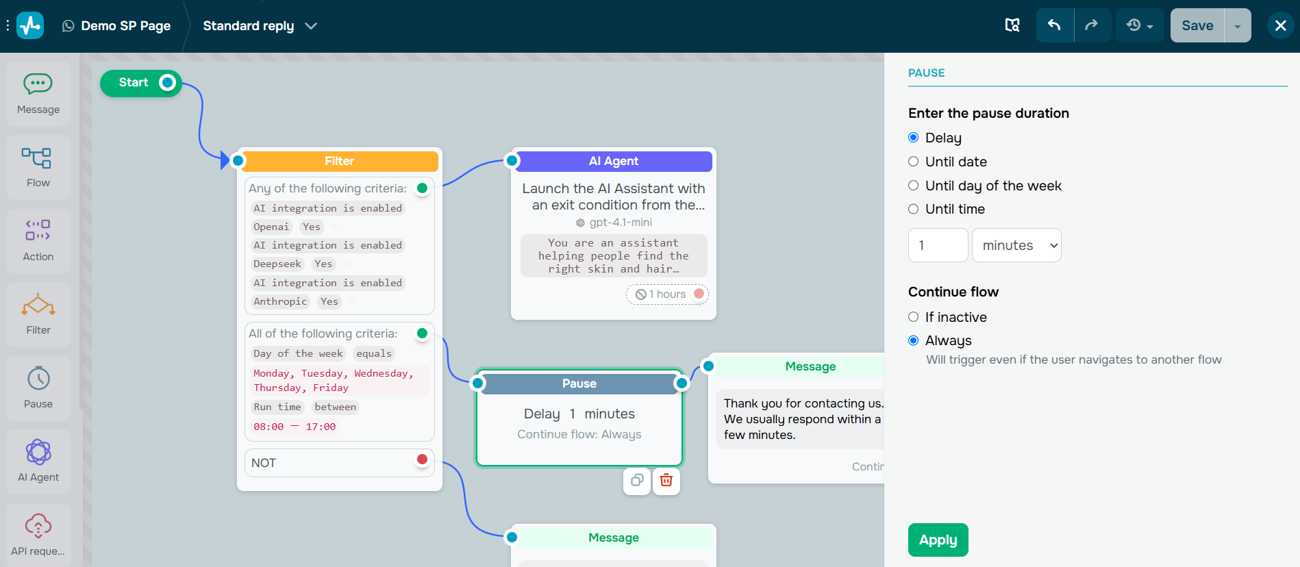Configurez l'heure d'envoi dans l'éditeur visuel de chatbot de SendPulse