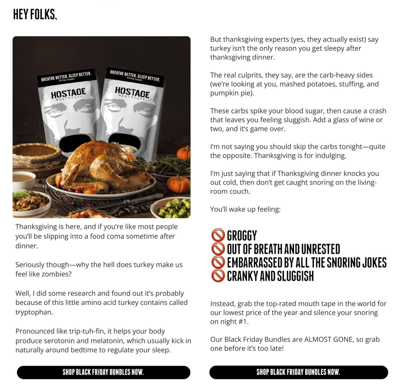 Thanksgiving email example