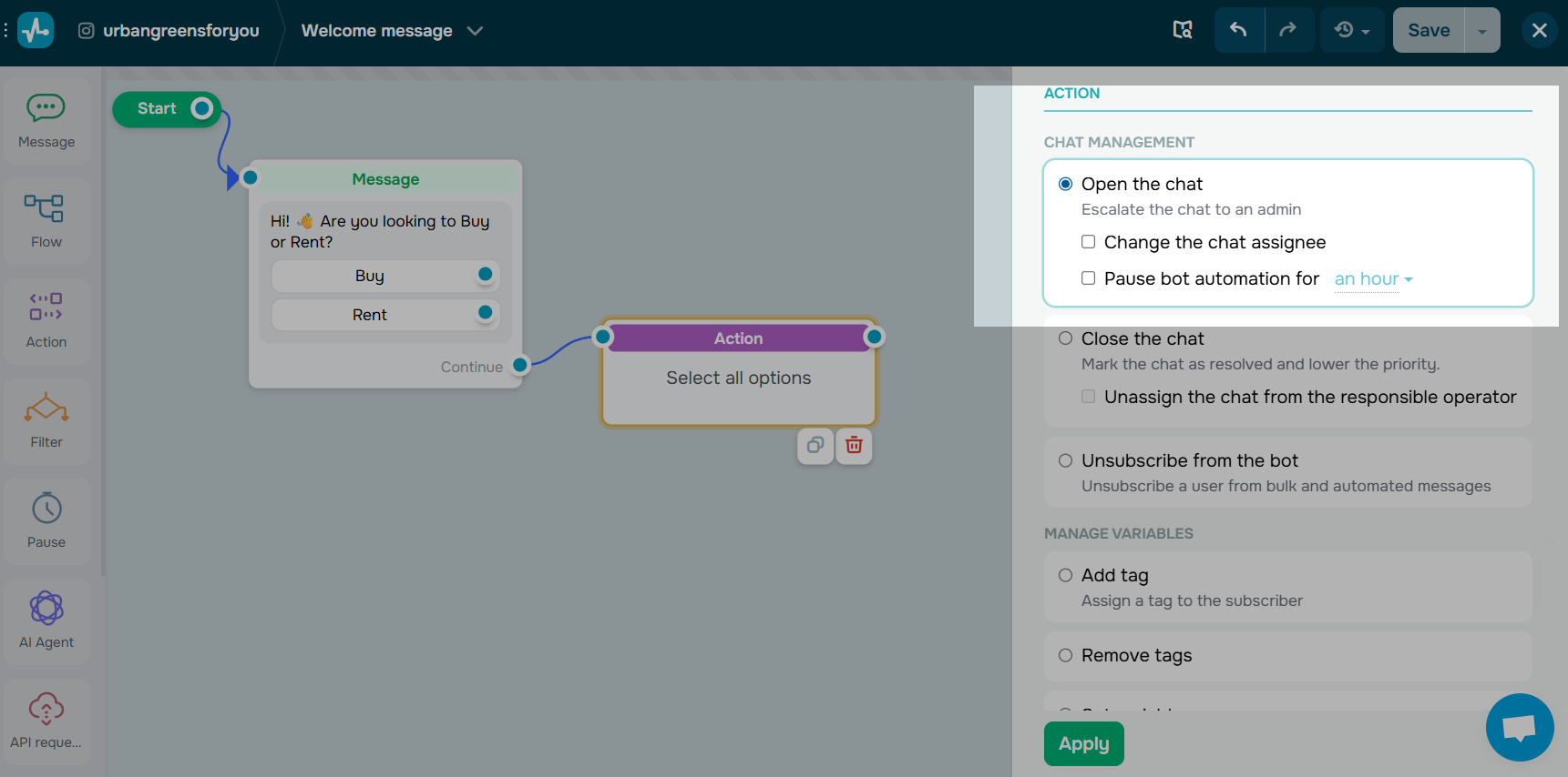 Chatbot-to-human handoff settings