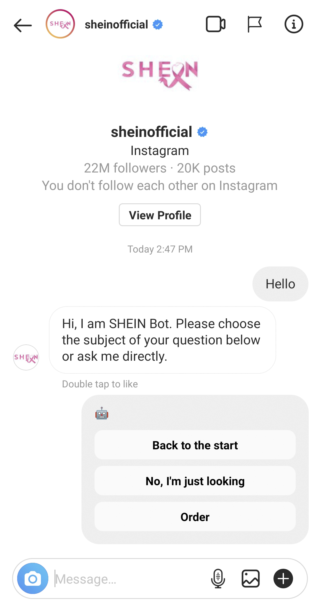 Captura de pantalla de la automatización de Instagram de Shein para el servicio de atención al cliente