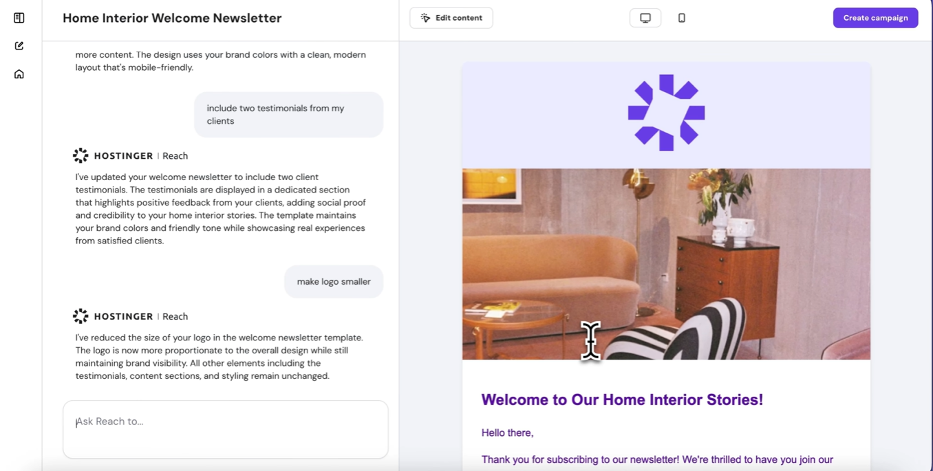 Captura de pantalla de la plataforma de Hostinger Reach mostrando edición de un email