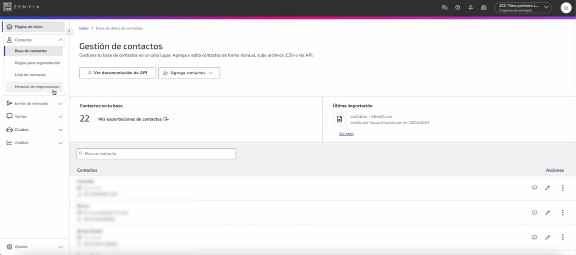Interfaz de la gestión de contactos de la plataforma de Zenvía 