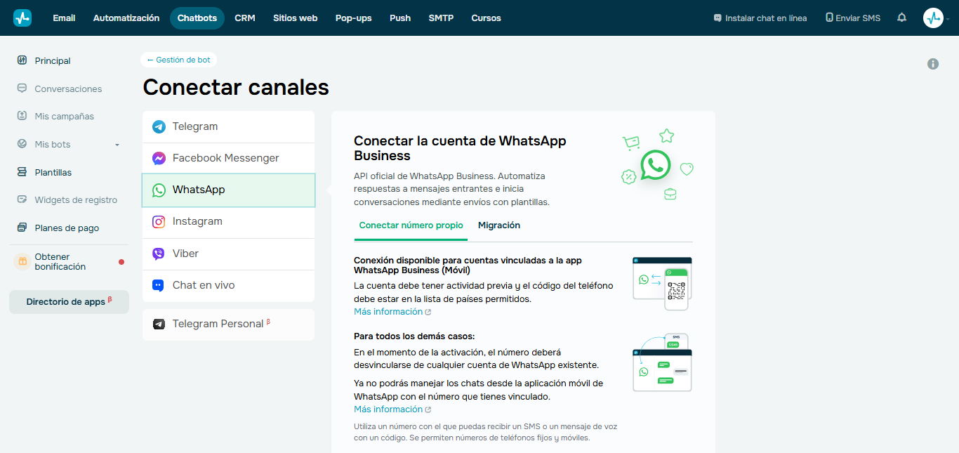 SendPulse permite conectar WhatsApp con su chatbot. Esto gracias a la API oficial de WhatsApp.