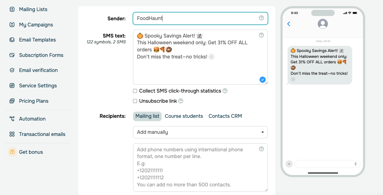 SMS reminder for a Halloween sale