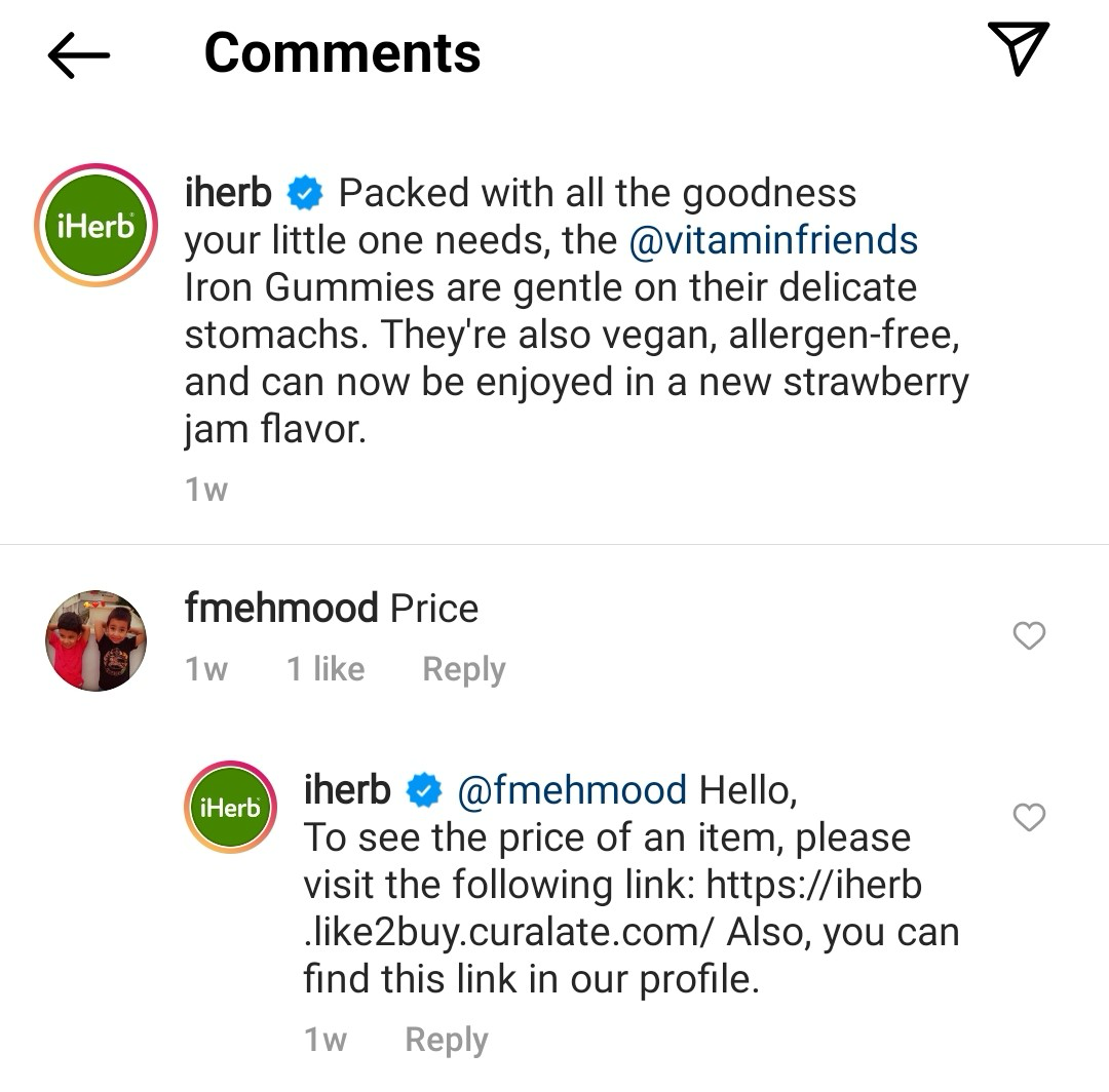 Ejemplo de un seguimiento a los comentarios en una publicación en Instagram de iHerb