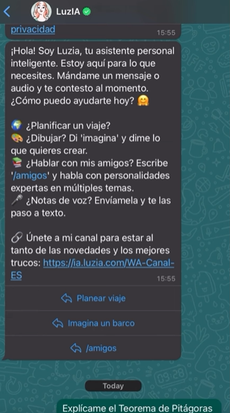 Ejemplo del servicio de LuzIA un chatbot con IA para WhatsApp