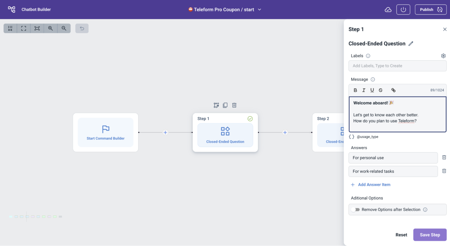 Настройка приветственного сообщения в конструкторе Telegram-ботов. Источник: Teleform