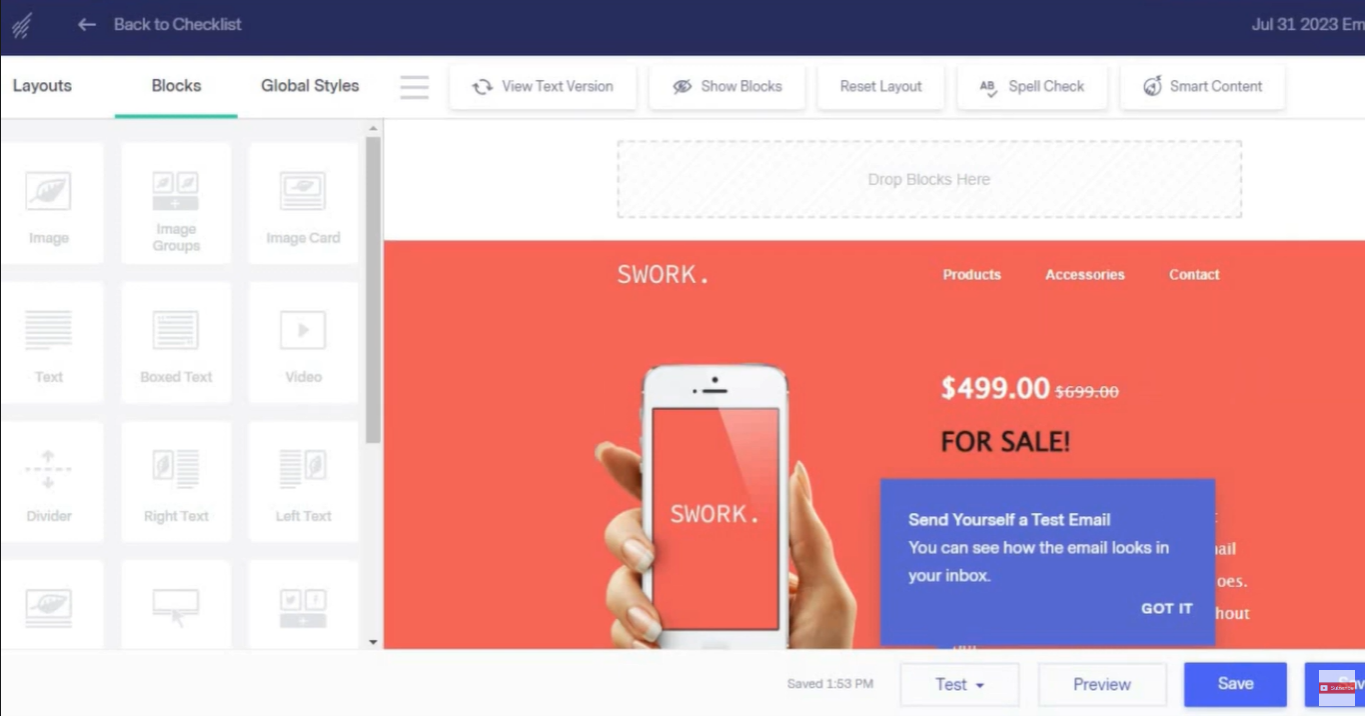 Captura de pantalla del editor de correos de Benchmark Email