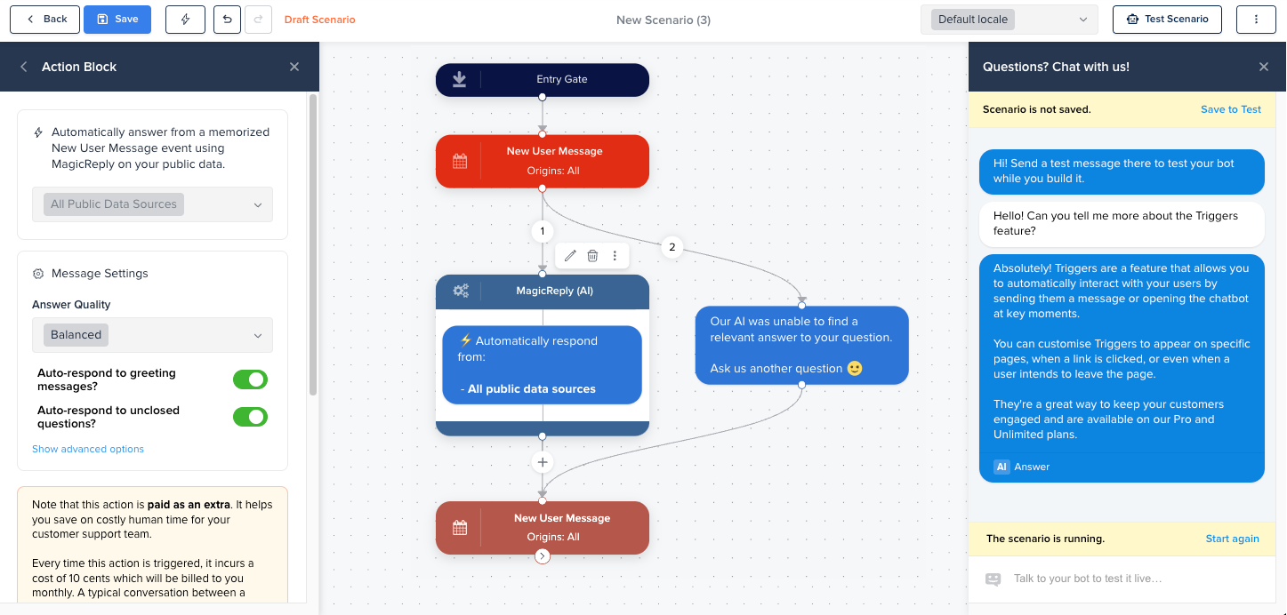 Настройка ответов ИИ чат-бота в конструкторе. Источник: Crisp