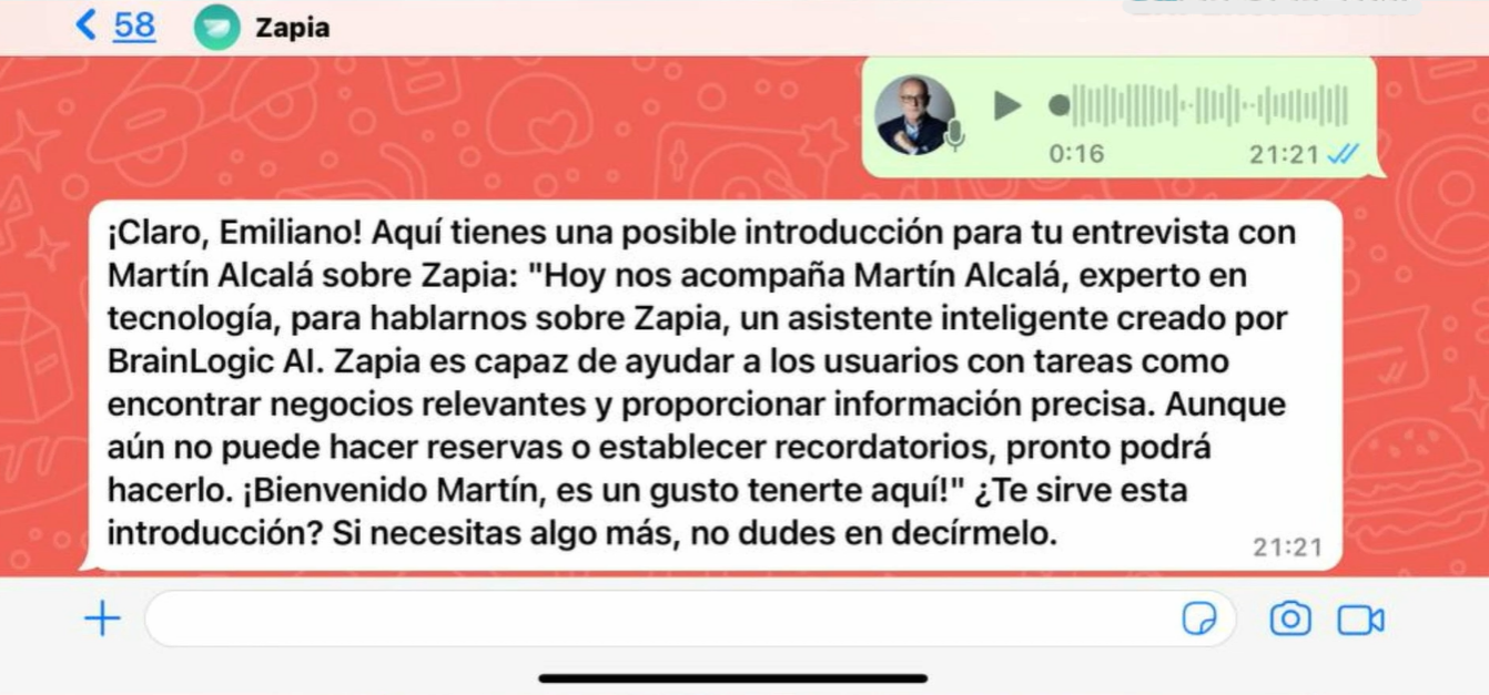 Ejemplo del servicio de Zapia, un chatbot para WhatsApp