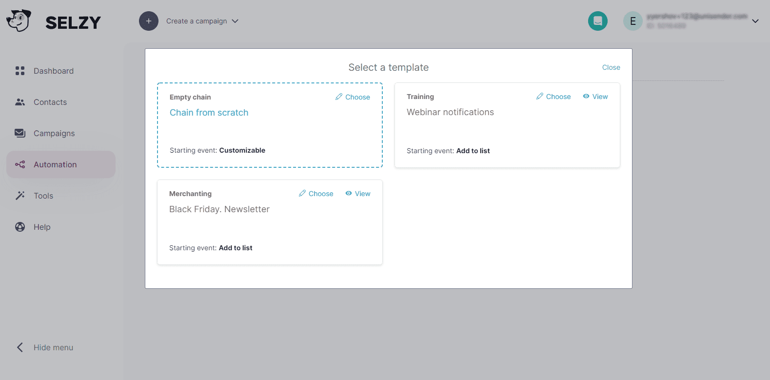 Captura de pantalla de la selección de una plantilla en la plataforma Selzy