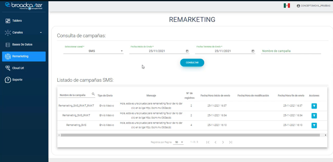 Captura de pantalla de las campañas de SMS en Concepto Móvil