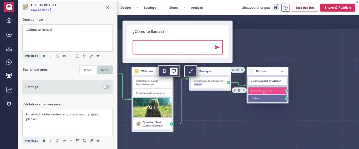 Captura de pantalla del editor de Landbot para la creación de un chatbot con IA para WhatsApp