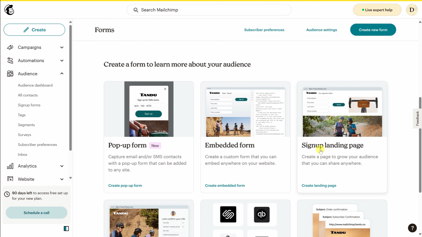 Interfaz de la plataforma Mailchimp 