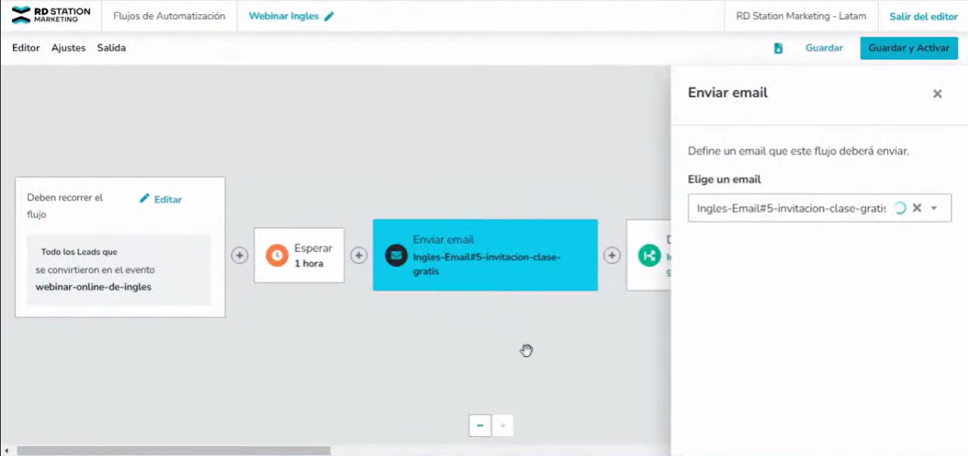 Interfaz de la creación de un flujo para correos masivos en la plataforma de RD Station