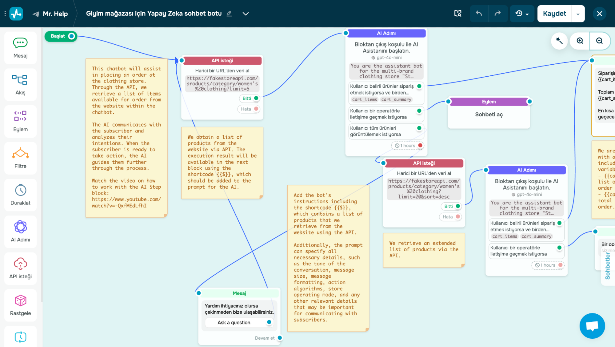 SendPulse ile oluşturulmuş yapay zekâ destekli bir sohbet botu akışı örneği