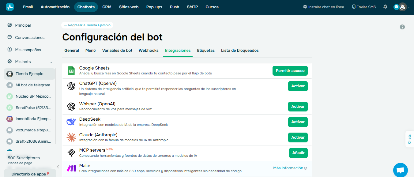 Opciones de modelos de lenguaje que se pueden integrar con el chatbot IA de SendPulse