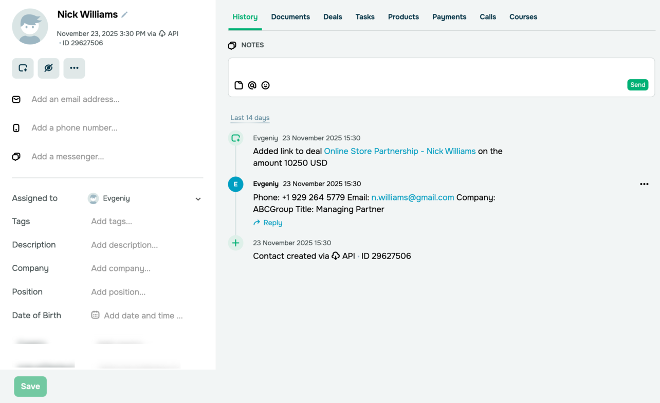 Un nouveau contact créé par l'IA
