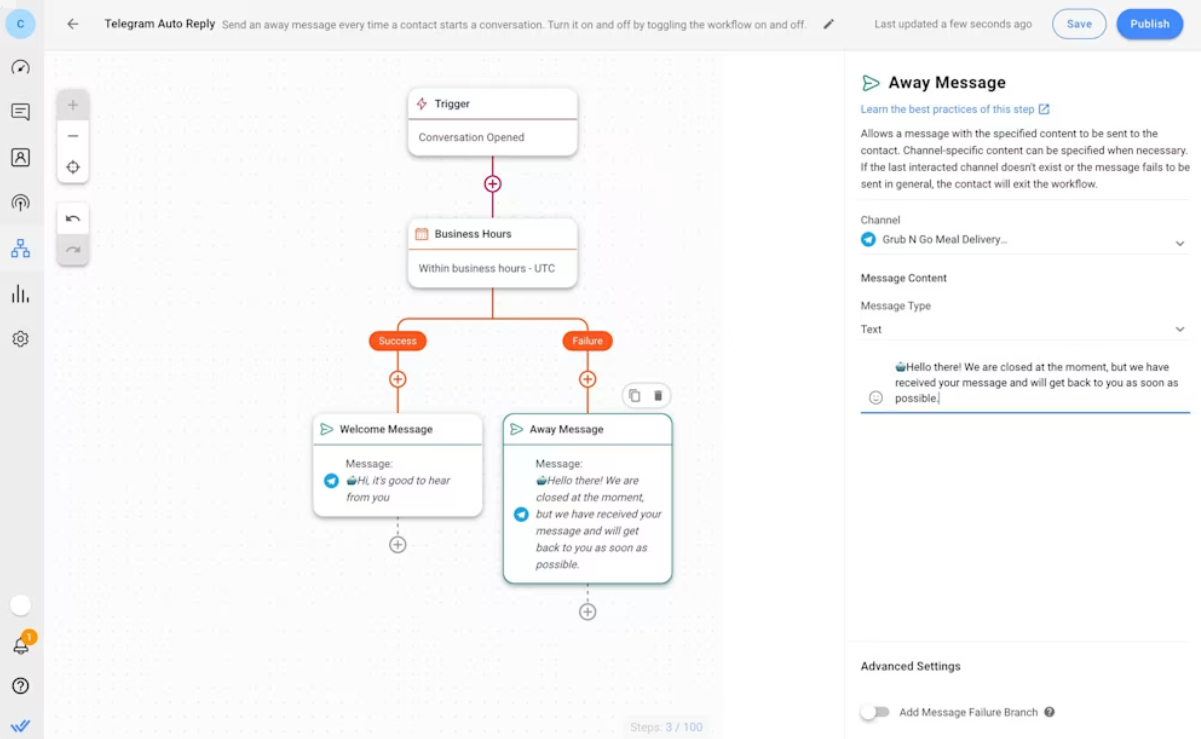 Налаштування автовідповіді Telegram. Джерело: Respond.io