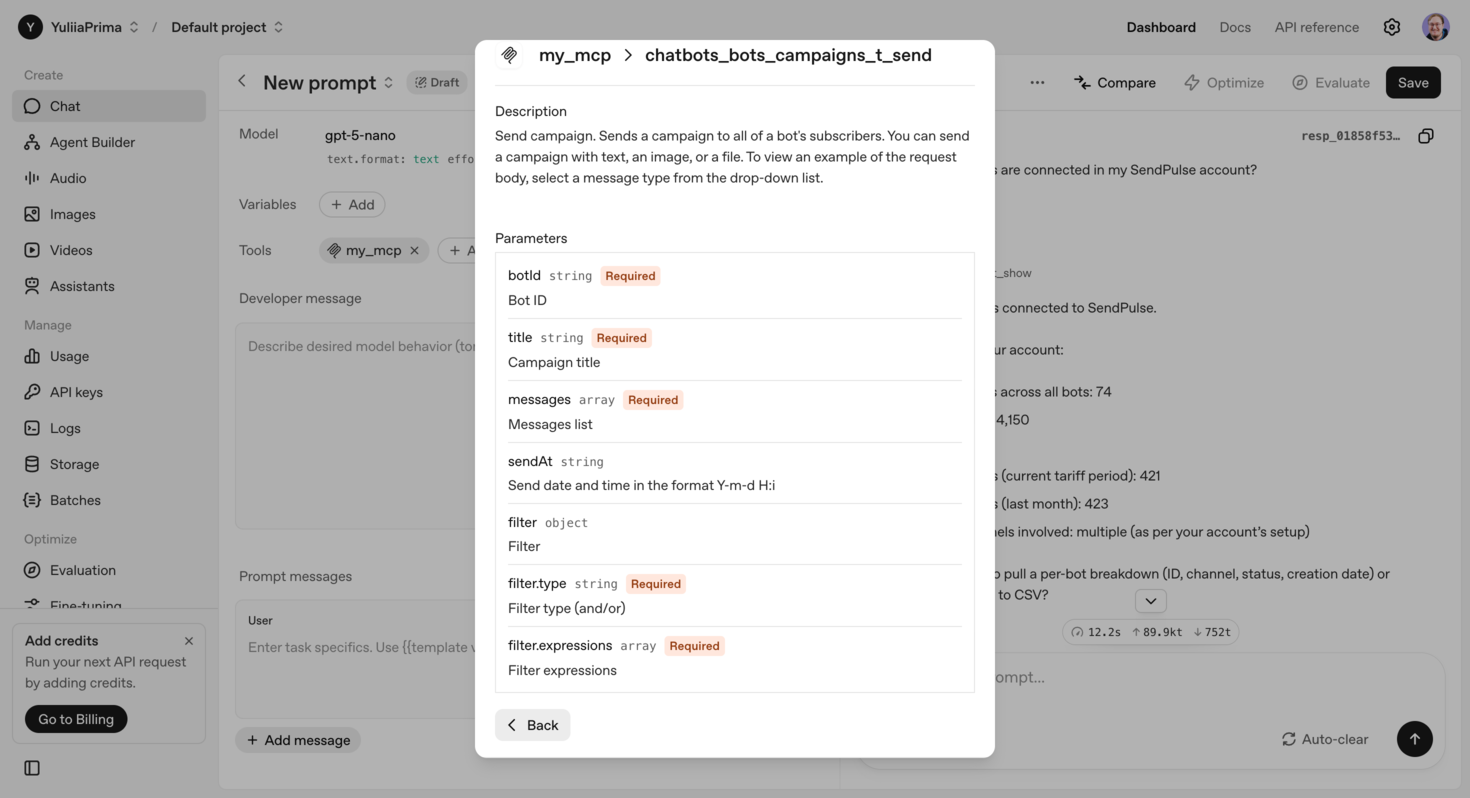 Description détaillée d'une commande utilisée pour lancer une campagne Telegram
