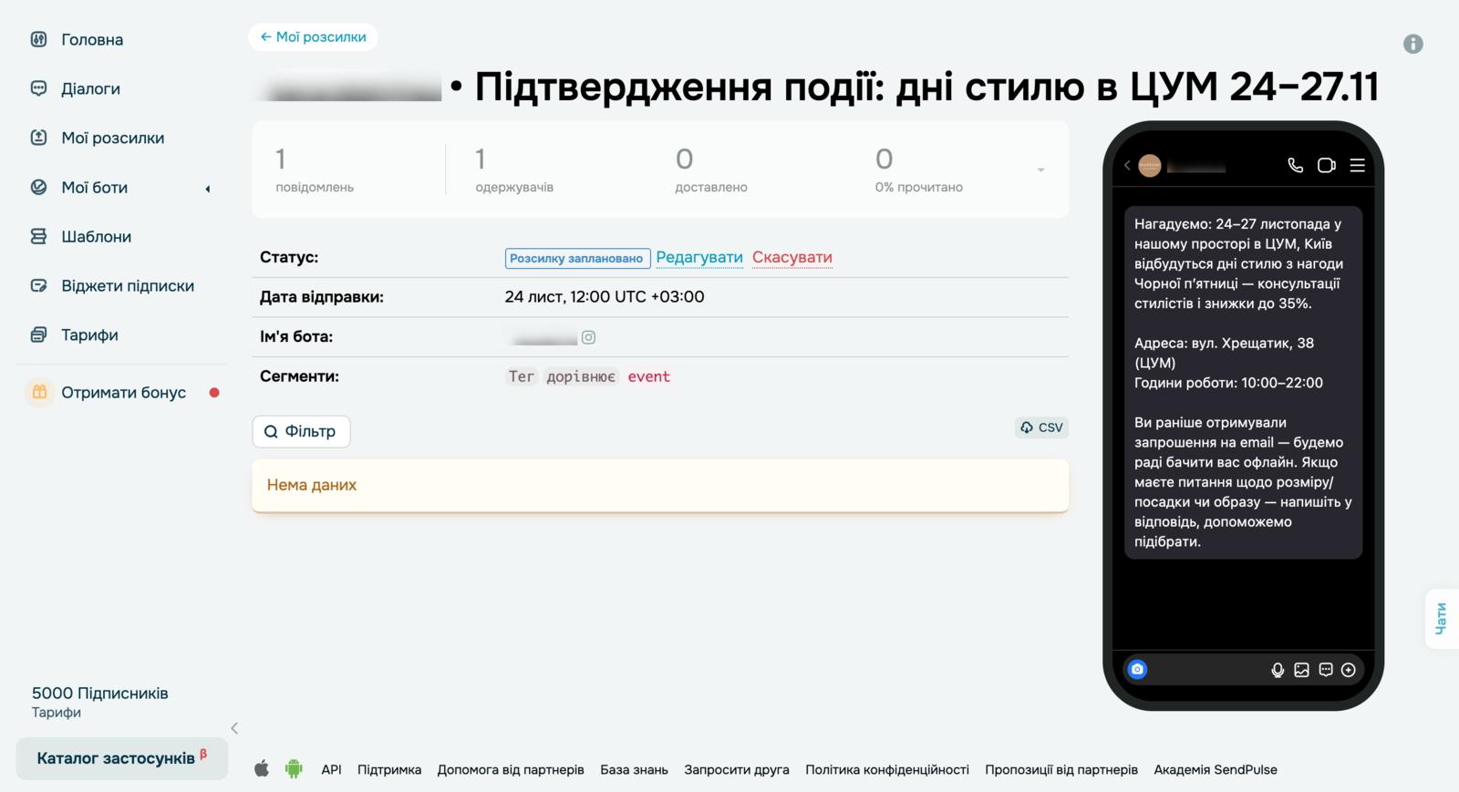 Створена ШІ-агентом розсилка в чат-боті
