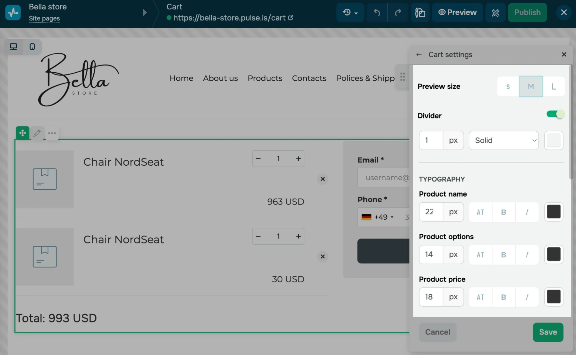 Personalización de un carrito de compras en el editor de landing pages de SendPulse