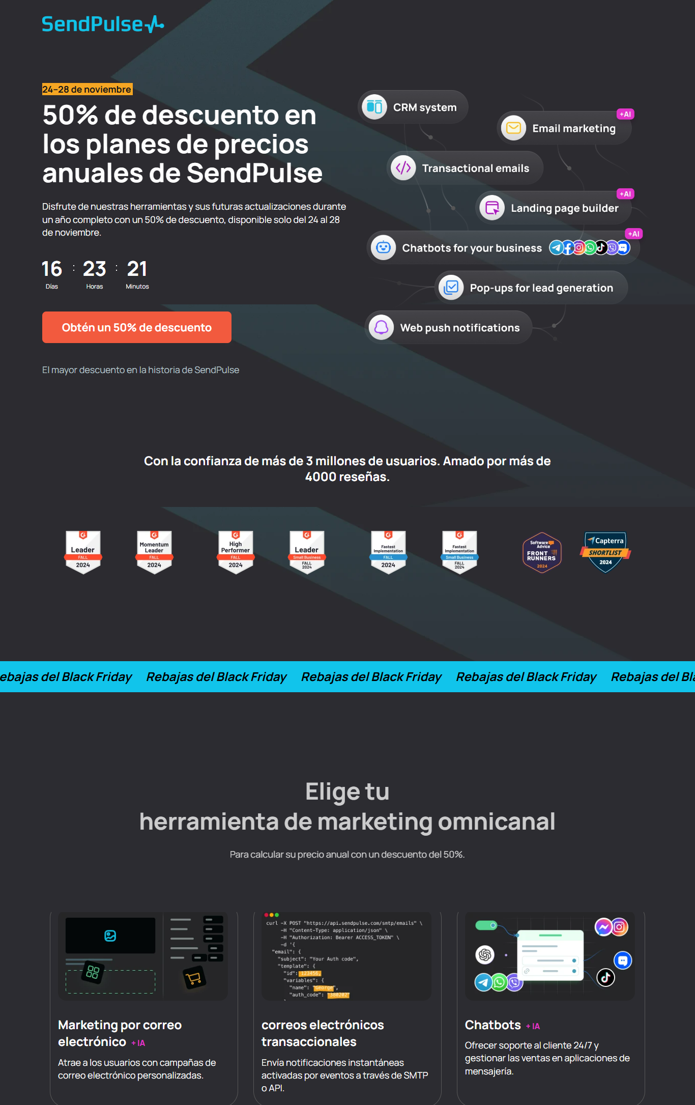 Landing page de SendPulse muestra las increíbles promociones del Black Friday 2025