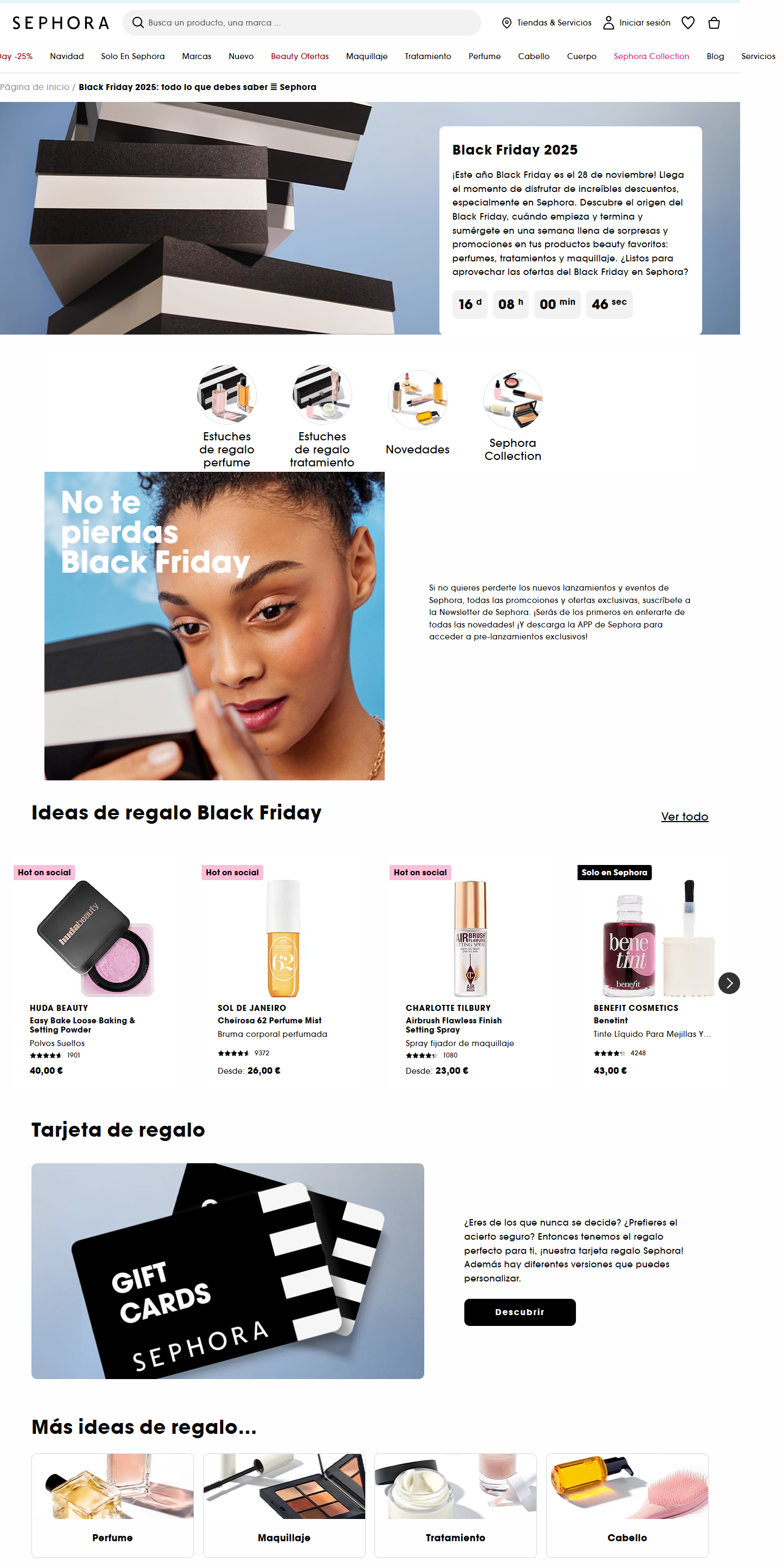Landing page Black Friday de Sephora muestra los productos que estarán en descuento durante la temporada