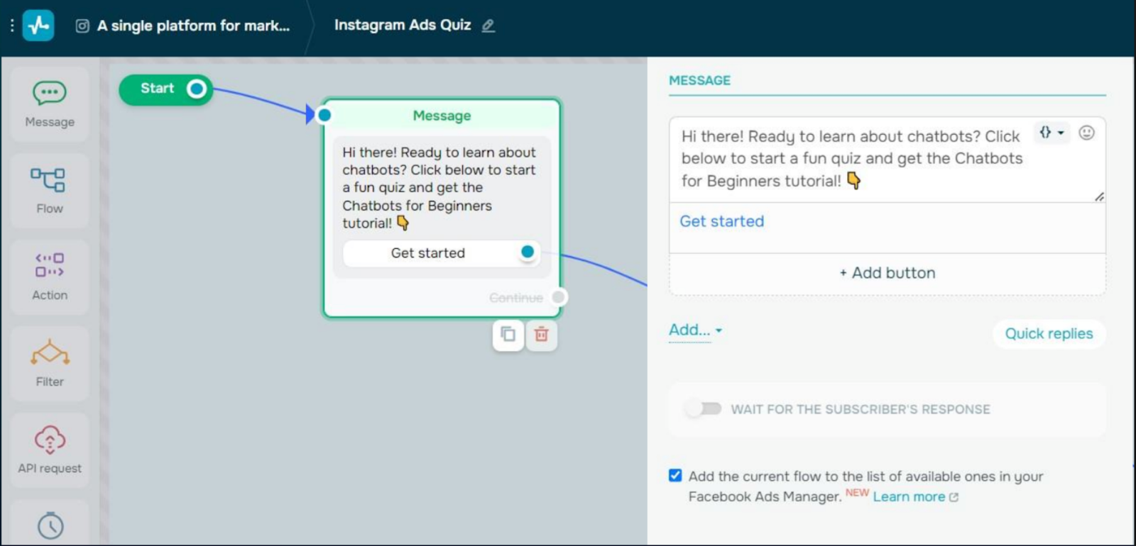Interfaz del editor de chatbots de SendPulse