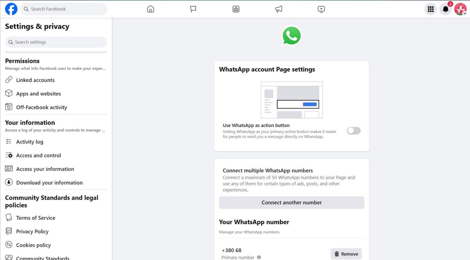 Meta solicita conectar el número de teléfono para conectar WhatsApp