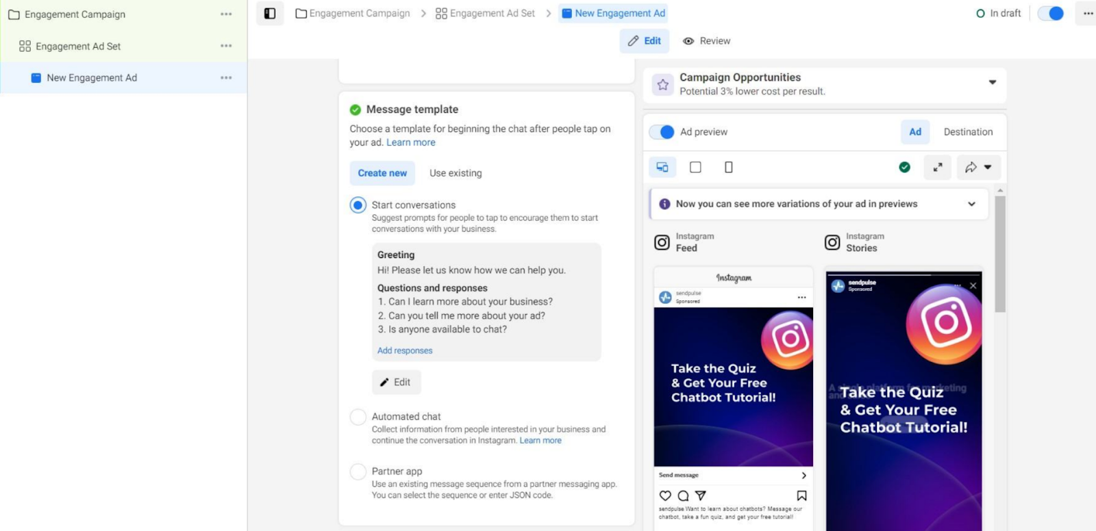 Ejemplo de la opción para iniciar conversaciones en una campaña de publicidad de Instagram