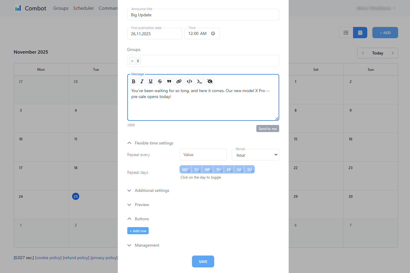 Використання інструменту планування Combot для Telegram-каналів та груп