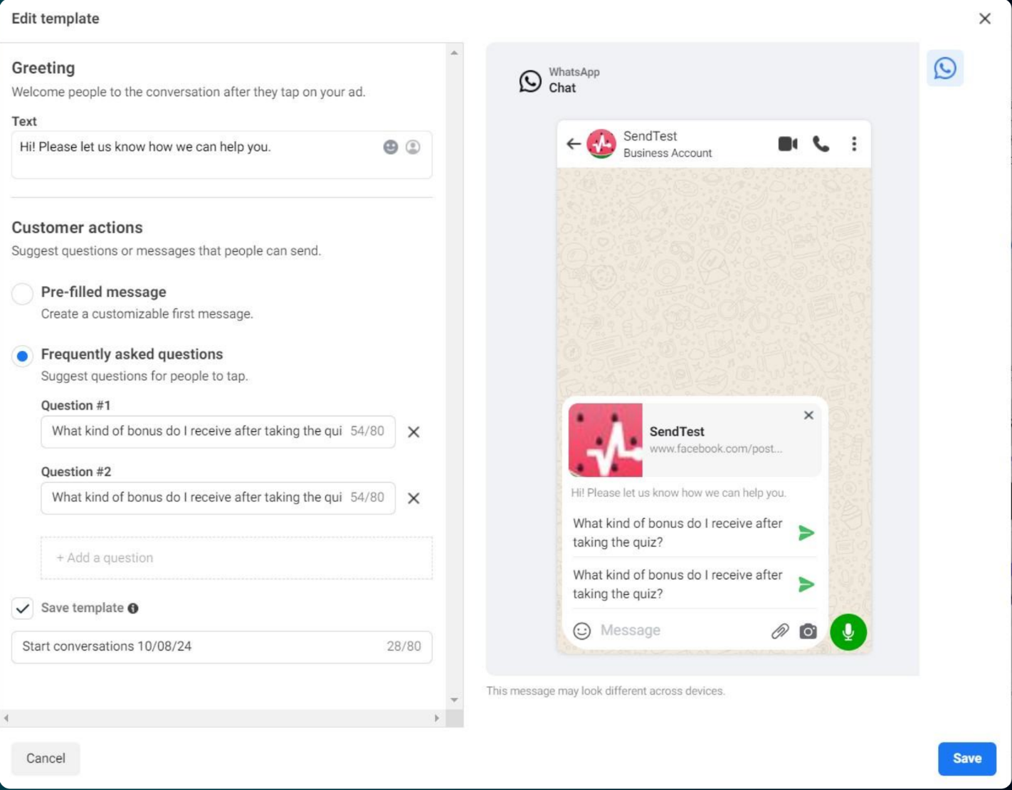 Anuncio de WhatsApp creado desde Meta