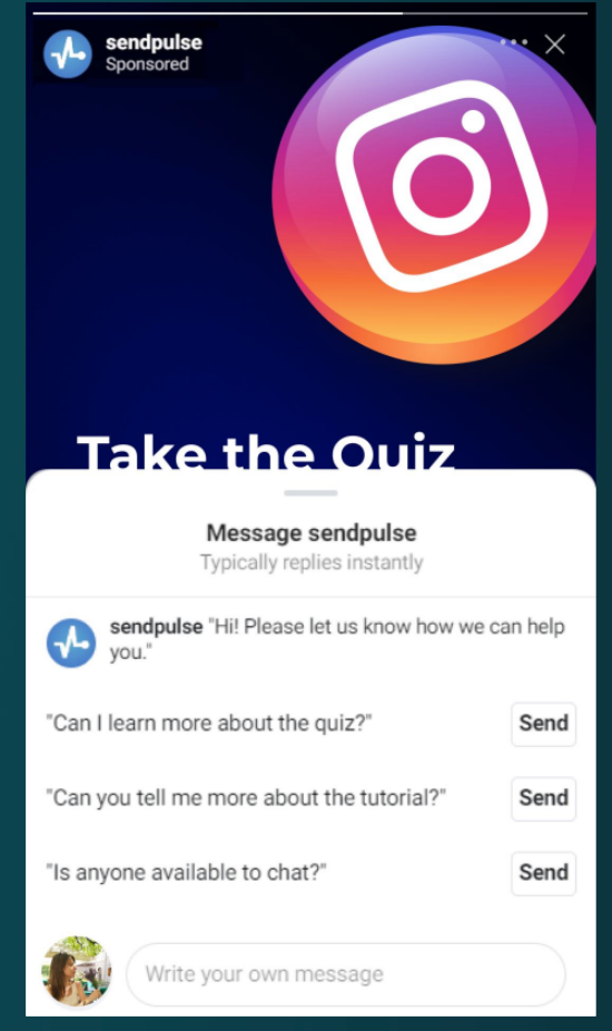 Imagen de la campaña publicitaria mostrando las opciones para iniciar una conversación con el chatbot de instagram