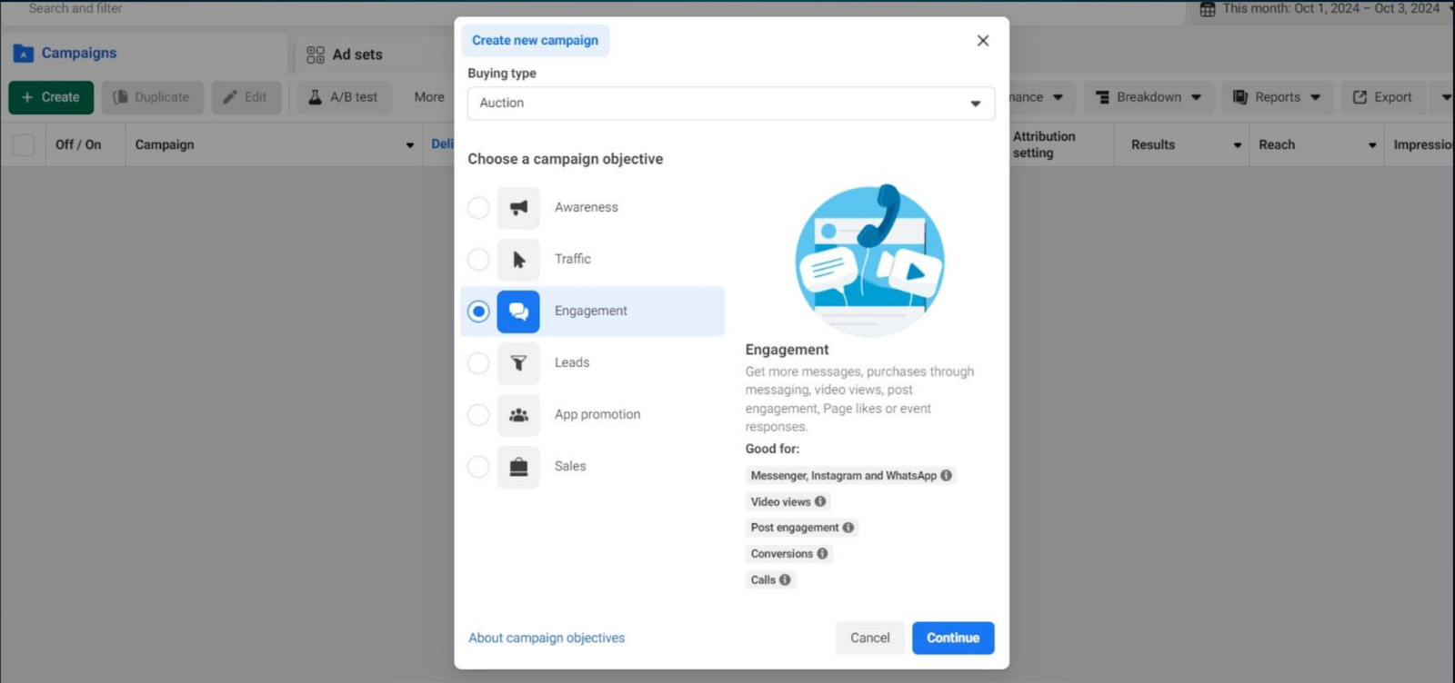 Sección para elegir el objetivo de tu campaña de publicidad en Ads Manager 