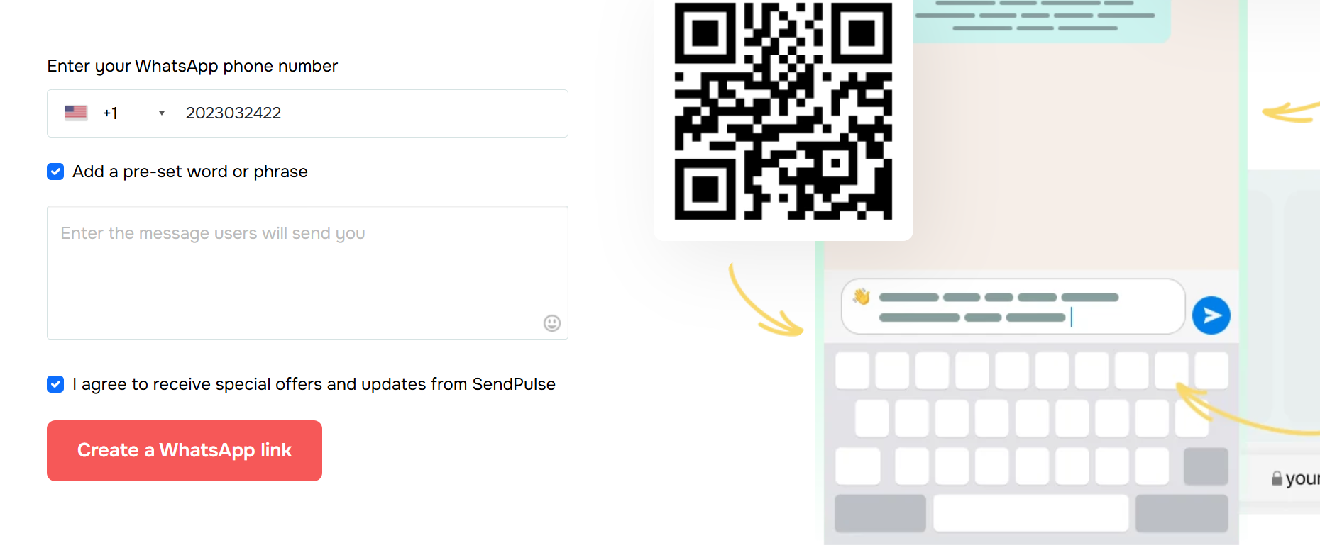 SendPulse tarafından sunulan ücretsiz WhatsApp bağlantı oluşturucu