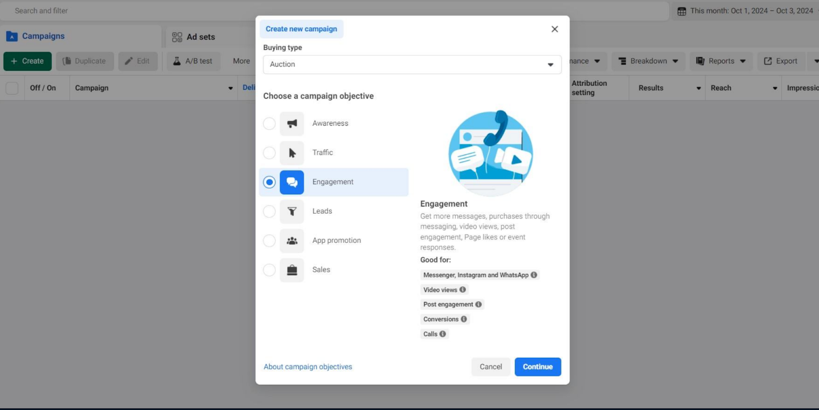 Sección de engagement en Meta