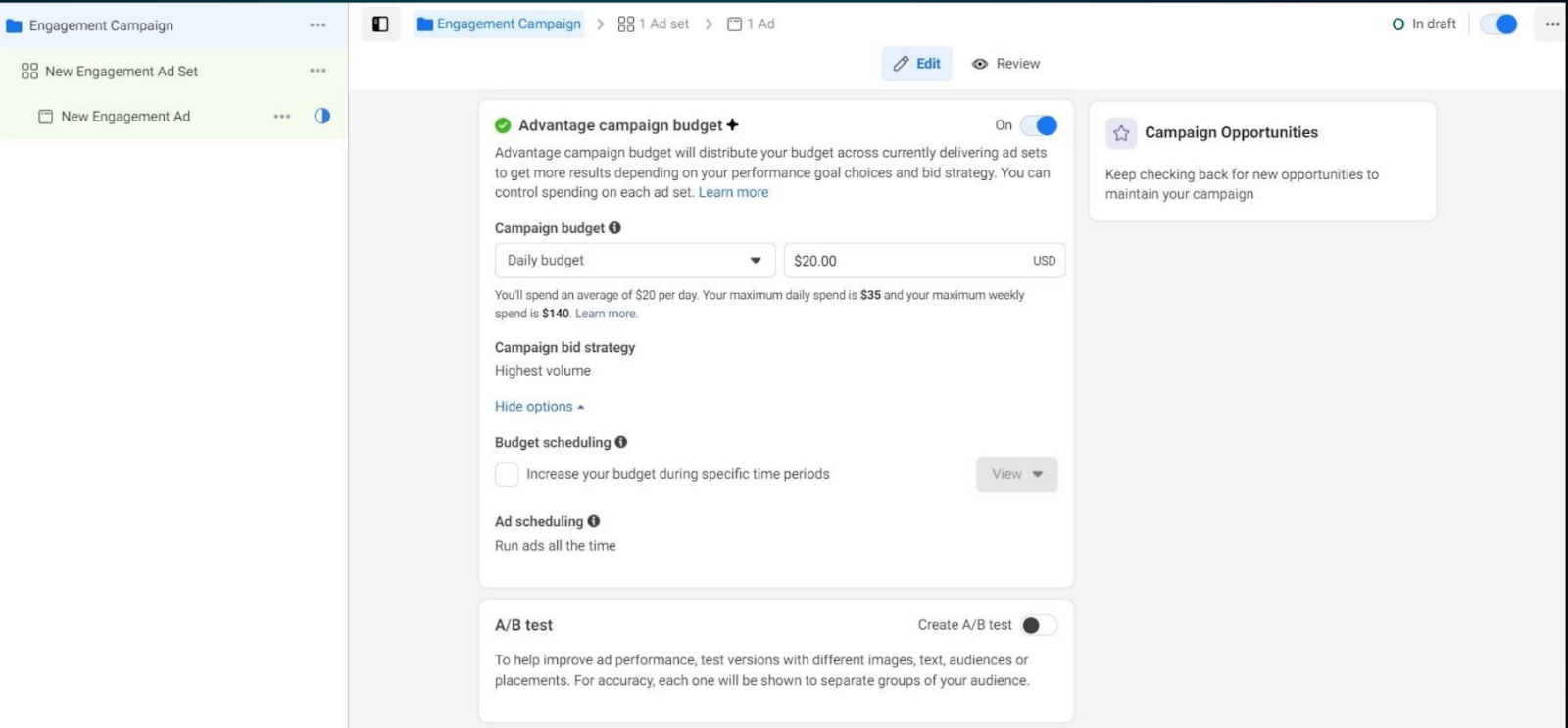 Sección para determinar el presupuesto de la campaña de publicidad en Instagram