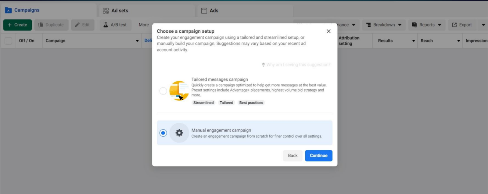 Para crear anuncios en WhatsApp desde cero se debe seleccionar una opción de campaña de engagement manual