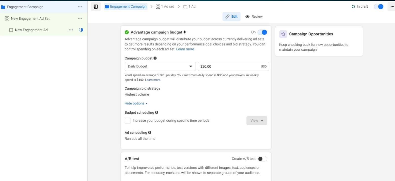Importante establecer en Meta el presupuesto de la campaña