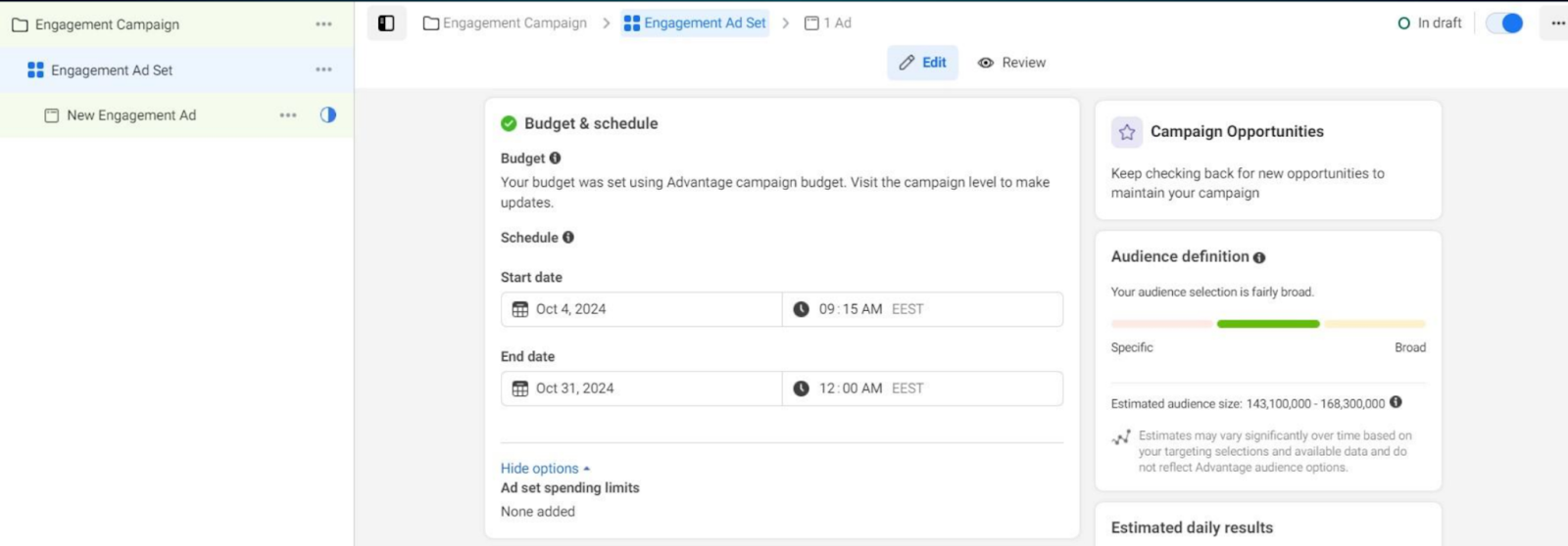 Sección para elegir las fechas de finalización de tu campaña