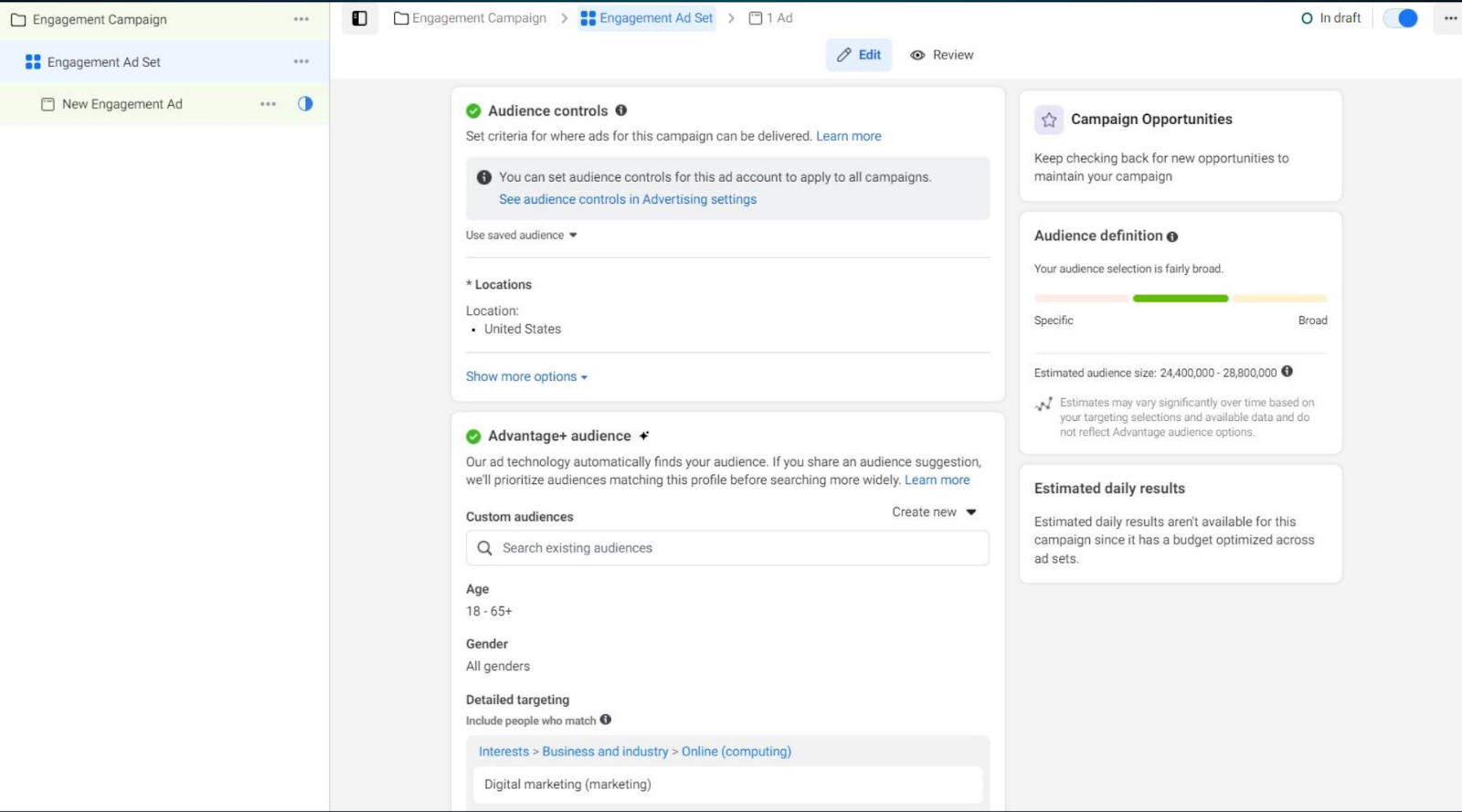 Interfaz de Ads Manager para elegir el público objetivo del anuncio de tu campaña de publicidad en Instagram